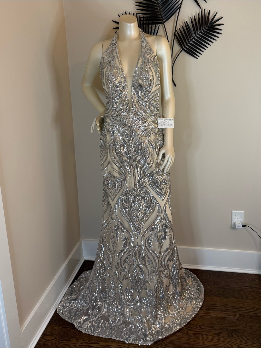 Beaded Halter Evening Gown in Champagne Silver